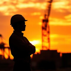 Silhouette of a construction worker against a vibrant sunset, showcasing determination and hard work in the industrial landscape.