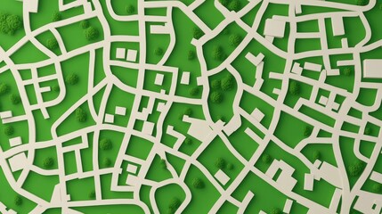 Wall Mural - Stylized map showcasing street layouts with white lines against a green background 3D rendered top view illustration