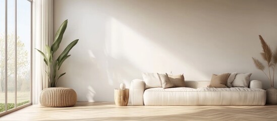 Beige minimalist living room featuring a sofa on wooden flooring decorative accents on a large wall and a white landscape visible through the window Nordic style home interior in 3D