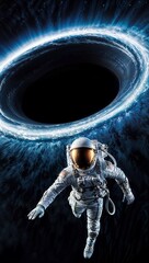 Wall Mural - Adult astronaut facing the gravity of a black hole warping space.