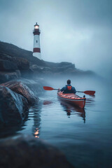 Wall Mural - A kayaker boating in shallow rocky sea with lighthouse in a foggy day