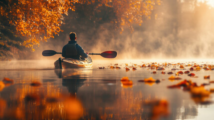 Wall Mural - A person kayaking in water with colorful Autumn foliage woods