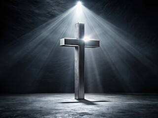 A solitary, sleek, silver Christian cross stands out against a mysterious, inky black background, symbolizing faith, hope, and spirituality in a dramatic, high-contrast setting.