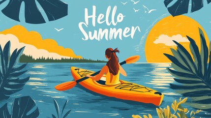 Wall Mural - Clip art summer poster of a person kayaking in tropical sea with coconut tree. Hello Summer.