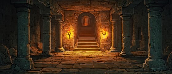 Wall Mural - Abandoned corridor in a castle featuring stairs and a cartoonish 2D background An ancient stone dungeon with a torch and staircase showcasing a cluttered hallway with symmetrical pillars