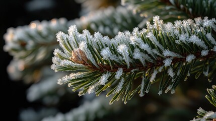 Wall Mural - Frost-covered pine branches in winter morning light for nature photography and seasonal prints