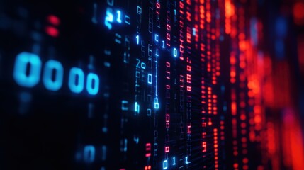 Wall Mural - Vibrant digital data stream featuring glowing blue and red binary code, representing modern technology and cybersecurity concepts.