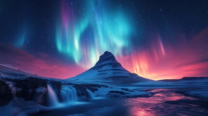 Poster - Aurora Borealis Illuminating Mountain Landscape