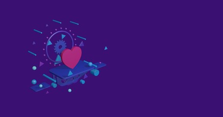 Wall Mural - Pink heart on a pedestal of abstract geometric shapes floating in the air. Abstract concept art with flying shapes on the left. 3d illustration on deep purple background