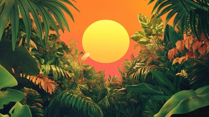 Wall Mural - Vibrant sun surrounded by lush greenery featuring a picturesque scene of trees and plants with rich foliage