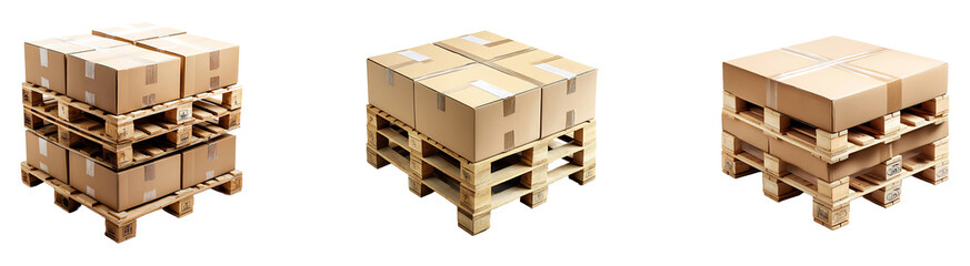 Set, collection of Cardboard boxes on pallets isolated on transparent background.