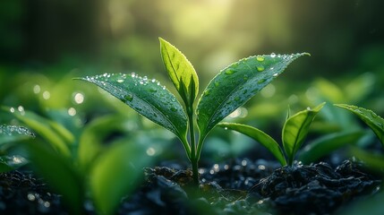 Green tea sprouts emerge in a lush tea plantation, capturing the essence of organic farming. This serene image showcases the fresh growth of tea plants in a natural environment, perfect for tea lovers