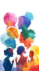 Wall Mural - A group of people standing in front, with colorful speech bubbles above their heads in different colors and shapes