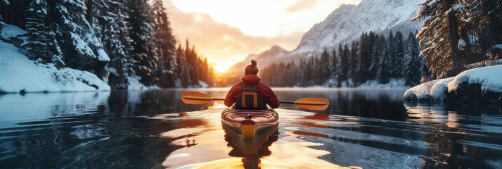 Wall Mural - A person kayaking in lake water in winter with snow mountain at sunrise