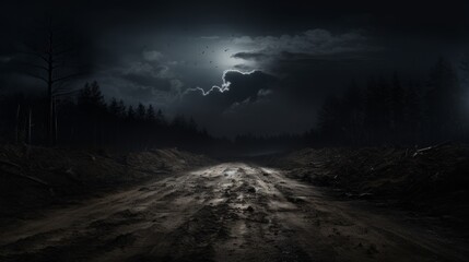 Night dirt road in the headlights against the dark gloomy sky. It is terrible and dangerous to go. Neural network ai generated art