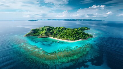 A stunning aerial image of a tropical island featuring lush green hills and surrounding coral reefs, nestled in clear blue waters, perfect for snorkeling and diving enthusiasts.