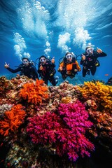 Wall Mural - Portrait of diver with thumbs up gesture with colorful beautiful coral reef with sea life fishes