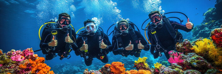 Wall Mural - Portrait of diver with thumbs up gesture with colorful beautiful coral reef with sea life fishes