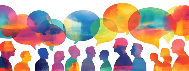 Wall Mural - A group of people standing in front, with colorful speech bubbles above their heads in different colors and shapes