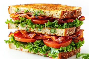 Wall Mural - Sandwich traditional bread tomato cheese and ham fried on white background isolate.