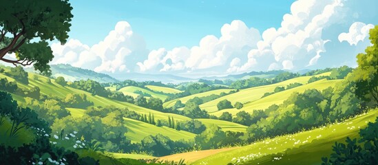 Scenic landscape featuring lush greenery rolling hills and a serene sky creating a peaceful and inviting atmosphere