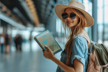 stylish woman traveler with map at airport terminal