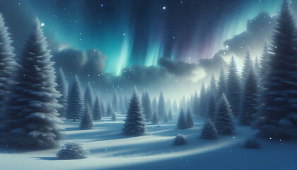 Winter landscape featuring a dense forest of snow covered pine trees under a night sky with stars