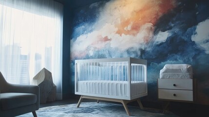 Contemporary nursery with acrylic crib and abstract wall mural