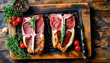 Succulent rib eye steaks on wooden board, prepared for grilling, showcasing marbled beef and spices in rustic kitchen setting