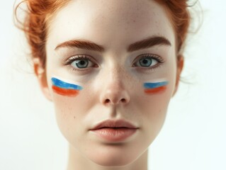 Wall Mural - Portrait of a woman with russian flag face paint for cultural celebration design