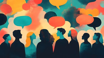 Wall Mural - A group of people standing in front, with colorful speech bubbles above their heads in different colors and shapes