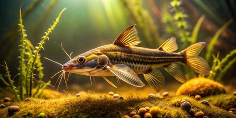 A whiskered catfish swims alone in murky water, its camouflaged skin blending with the surrounding aquatic plants in a misty, golden-lit underwater scene.