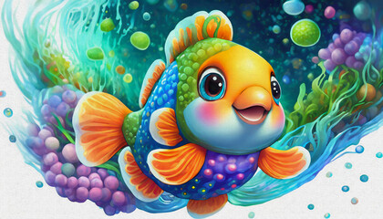 Poster - oil painting style CARTOON CHARACTER illustration  CUTE baby Luminous clown fish galaxy composed of luminous jellyfish-like