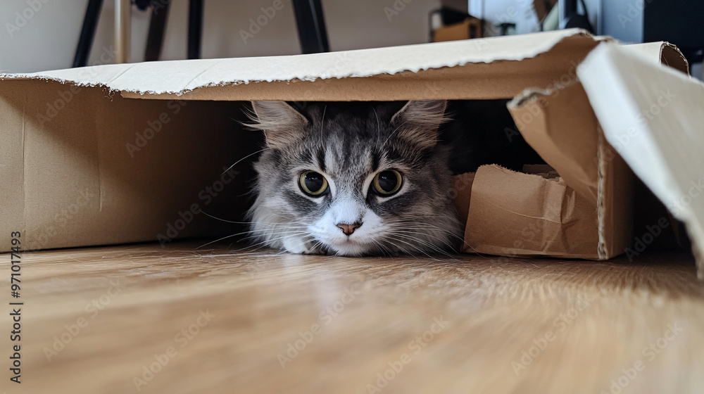 Title: Gray and white cat comfortably hiding inside a small cardboard ...