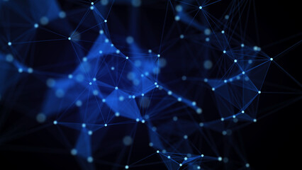 Blue abstract background with connection lines, dots and triangles. Technology network connection. Digital structure of particles. 3D rendering.