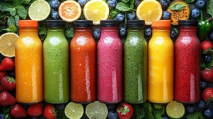 the Fresh fruit and vegetable smoothies in bottles, surrounded by various ingredients, promoting healthy and trendy beverages.