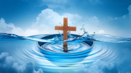 Holy Water Cross with Blue Ripples, Symbolizing Heaven's Serenity