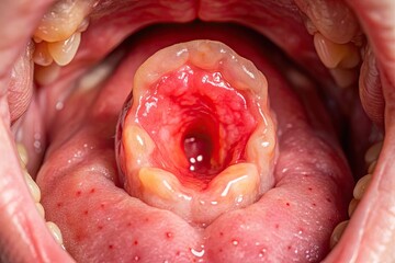 Close-up of a human throat with a dark, irregularly-shaped spot on the uvula, surrounded by a pinkish-red mucous membrane, under soft medical lighting.