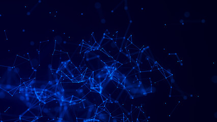 Blue abstract background with connection lines, dots and triangles. Technology network connection. Digital structure of particles. 3D rendering.