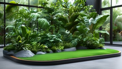 Wall Mural - verdant jungle-inspired presentation showcasing products on a stylish green podium surrounded by lus