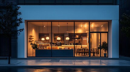 Wall Mural - A modern storefront with large glass windows and warm interior lighting, creating a cozy cafe atmosphere, captured in soft focus for an inviting urban setting.