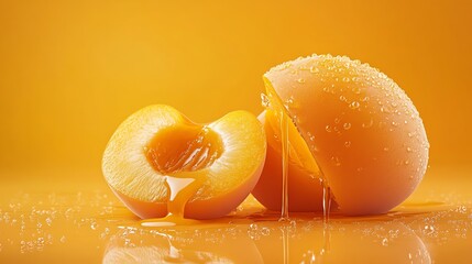 A halved apricot with juice dripping on an orange surface.