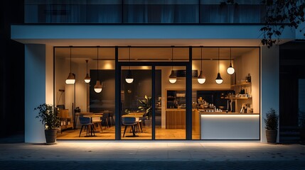 Wall Mural - A modern storefront with large glass windows and warm interior lighting, creating a cozy cafe atmosphere, captured in soft focus for an inviting urban setting.