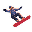 © woters - A snowboarder is captured in mid-air, gracefully executing a jump against a backdrop of snowy mountains and clear blue skies, highlighting freedom and adrenaline.