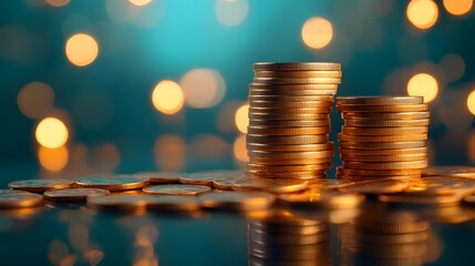 Stacks of shiny gold coins arranged in an ascending graph shape, illuminated with bright lighting and a turquoise backdrop to symbolize financial growth and prosperity.