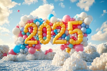 Colorful balloons forming the year 2025 against a cloudy sky