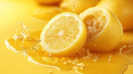 Wall Mural - A sliced lemon with juice splashing around it.