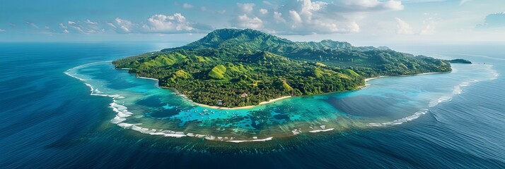 Aerial view of a large tropical island featuring a mountainous terrain, vibrant greenery, and surrounding coral reefs, ideal for exploration and adventure in paradise nature.