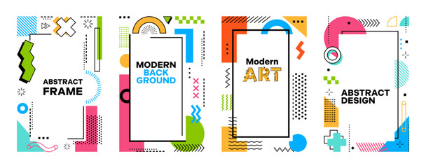 Modern geometric Memphis frame posters with abstract shapes and elements, vector backgrounds. Memphis posters or covers with trendy abstract geometric simple shapes and minimal figures patterns