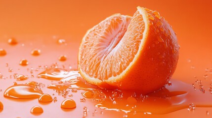 Wall Mural - a sliced orange with juice dripping on an orange background.